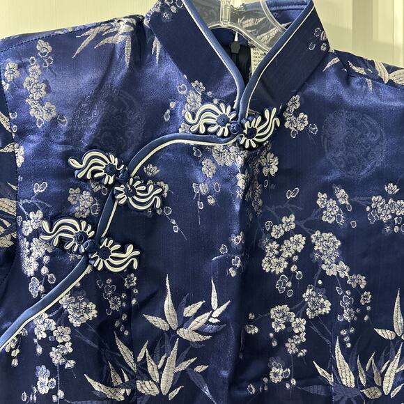 Blue Cheongsam Dress Silver Floral and Bamboo Brocade Pattern Large Women's - Picture 2 of 7